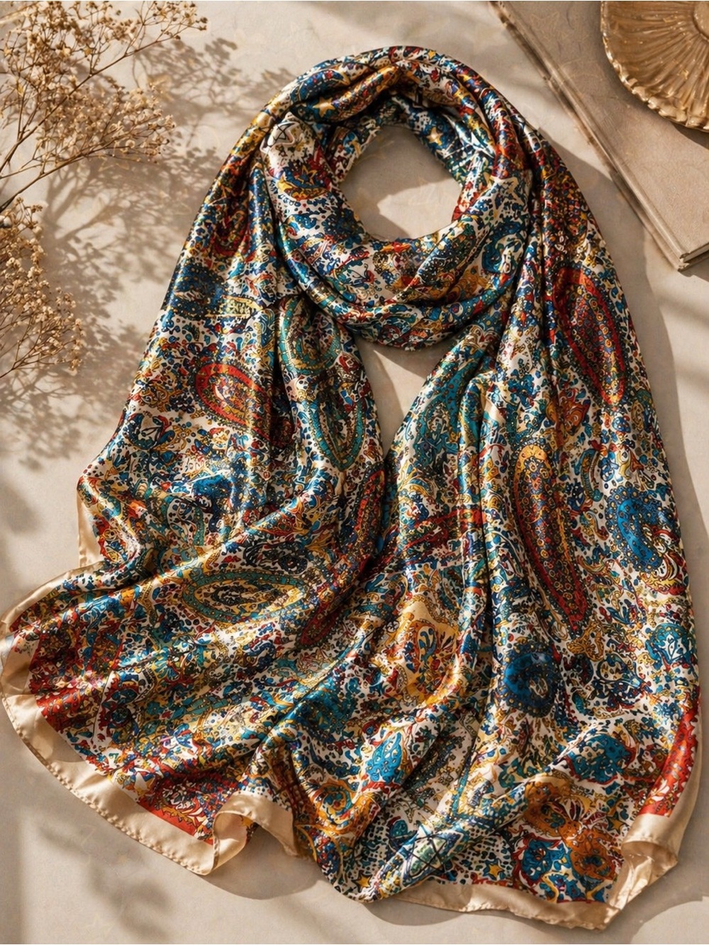 Silk-Feel Paisley Print Scarf in Multicolor
